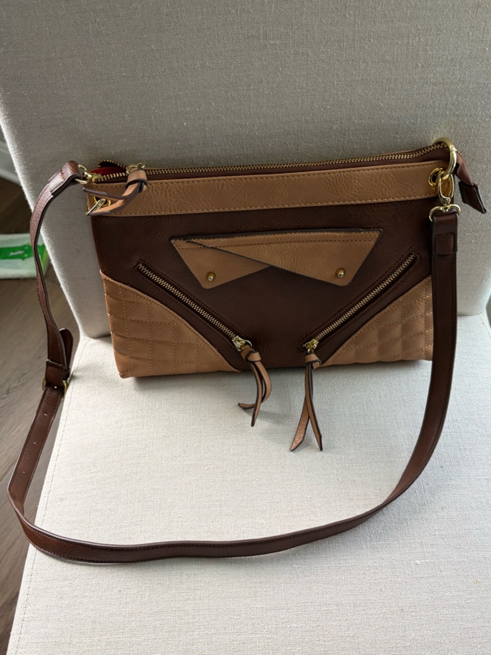 Adrienne Vittadini Two-Tone Tan and Dark Brown Leather Crossbody